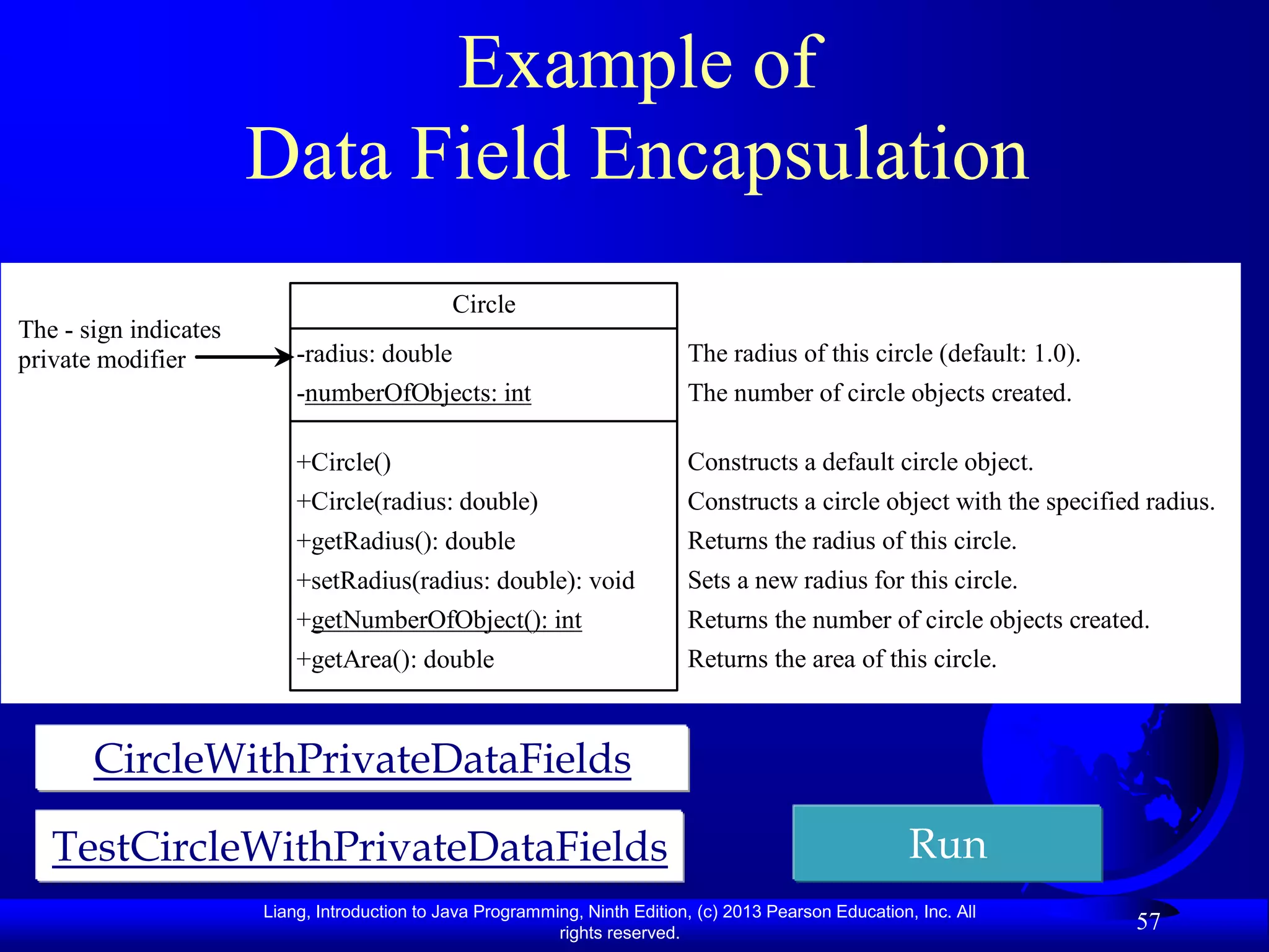 Example of
                       Data Field Encapsulation
                                               Circle
The - sign indicates
private modifier           -radius: double                                   The radius of this circle (default: 1.0).
                           -numberOfObjects: int                             The number of circle objects created.

                           +Circle()                                         Constructs a default circle object.
                           +Circle(radius: double)                           Constructs a circle object with the specified radius.
                           +getRadius(): double                              Returns the radius of this circle.
                           +setRadius(radius: double): void                  Sets a new radius for this circle.
                           +getNumberOfObject(): int                         Returns the number of circle objects created.
                           +getArea(): double                                Returns the area of this circle.



       CircleWithPrivateDataFields

   TestCircleWithPrivateDataFields                                                                        Run
                       Liang, Introduction to Java Programming, Ninth Edition, (c) 2013 Pearson Education, Inc. All
                                                            rights reserved.
                                                                                                                          57
 