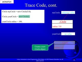 animation

                                Trace Code, cont.
Circle myCircle = new Circle(5.0);
                                                                                       myCircle reference value
Circle yourCircle = new Circle();

yourCircle.radius = 100;                                                                             : Circle

                                                                                       radius: 5.0


                                                                                       yourCircle               no value



                                                                                                         : Circle
                                                    Create a new                            radius: 1.0
                                                    Circle object



                 Liang, Introduction to Java Programming, Ninth Edition, (c) 2013 Pearson Education, Inc. All
                                                      rights reserved.
                                                                                                                           22
 
