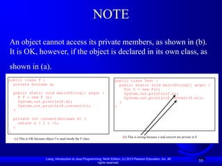 NOTE
An object cannot access its private members, as shown in (b).
It is OK, however, if the object is declared in its own class, as
shown in (a).
public class F {                                                              public class Test {
  private boolean x;                                                            public static void main(String[] args) {
                                                                                  Foo f = new F();
    public static void main(String[] args) {                                      System.out.println(f.x);
      F f = new F ();                                                             System.out.println(f.convert(f.x));
      System.out.println(f.x);                                                  }
      System.out.println(f.convert());                                        }
    }

    private int convert(boolean b) {
      return x ? 1 : -1;
    }
}
                                                                                    (b) This is wrong because x and convert are private in F.
    (a) This is OK because object f is used inside the F class




                            Liang, Introduction to Java Programming, Ninth Edition, (c) 2013 Pearson Education, Inc. All
                                                                 rights reserved.
                                                                                                                                                55
 