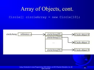 Array of Objects, cont.
  Circle[] circleArray = new Circle[10];




circleArray    reference                                     circleArray[0]                                  Circle object 0
                                                             circleArray[1]

                                                                       …                                     Circle object 1


                                                             circleArray[9]                                  Circle object 9




              Liang, Introduction to Java Programming, Ninth Edition, (c) 2013 Pearson Education, Inc. All
                                                   rights reserved.
                                                                                                                      61
 