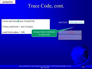 animation

                                Trace Code, cont.

Circle myCircle = new Circle(5.0);
                                                                                       myCircle reference value
Circle yourCircle = new Circle();

yourCircle.radius = 100;                  Assign object reference                                    : Circle
                                               to myCircle
                                                                                       radius: 5.0




                 Liang, Introduction to Java Programming, Ninth Edition, (c) 2013 Pearson Education, Inc. All
                                                      rights reserved.
                                                                                                                20
 