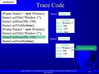 animation
                                      Trace Code
JFrame frame1 = new JFrame();                                frame1 reference
frame1.setTitle("Window 1");
                                                                              : JFrame
frame1.setSize(200, 150);                                              title: "Window 1"
frame1.setVisible(true);                                               width: 200
JFrame frame2 = new JFrame();                                          height: 150
                                                                       visible: true
frame2.setTitle("Window 2");
frame2.setSize(200, 150);                                   frame2 reference
frame2.setVisible(true);
                                                                             : JFrame
                                                                      title: "Window 2"                    Set size property
                                                                      width: 200
                                                                      height: 150
                                                                      visible:




            Liang, Introduction to Java Programming, Ninth Edition, (c) 2013 Pearson Education, Inc. All
                                                 rights reserved.
                                                                                                                     45
 