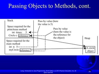 Passing Objects to Methods, cont.

Stack                                    Pass by value (here
                                         the value is 5)
Space required for the
printAreas method                                                  Pass by value
    int times: 5                                                   (here the value is
 Circle c: reference                                               the reference for
                                                                   the object)                              Heap
Space required for the
main method
  int n: 5                                                                                                   A circle
  myCircle: reference                                                                                        object




             Liang, Introduction to Java Programming, Ninth Edition, (c) 2013 Pearson Education, Inc. All
                                                  rights reserved.
                                                                                                               59
 