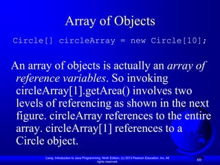 Array of Objects
Circle[] circleArray = new Circle[10];


An array of objects is actually an array of
 reference variables. So invoking
 circleArray[1].getArea() involves two
 levels of referencing as shown in the next
 figure. circleArray references to the entire
 array. circleArray[1] references to a
 Circle object.
       Liang, Introduction to Java Programming, Ninth Edition, (c) 2013 Pearson Education, Inc. All
                                            rights reserved.
                                                                                                      60
 