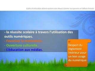 - la réussite scolaire à travers l’utilisation des
outils numériques.
- Favoriser la motivation.
- Ouverture culturelle.
- L’éducation aux médias.
Cadre d’utilisation donné scolaire aux élèves comme aux parents en début d’année
Respect du
règlement
intérieur pour
un bon usage
du numérique
 