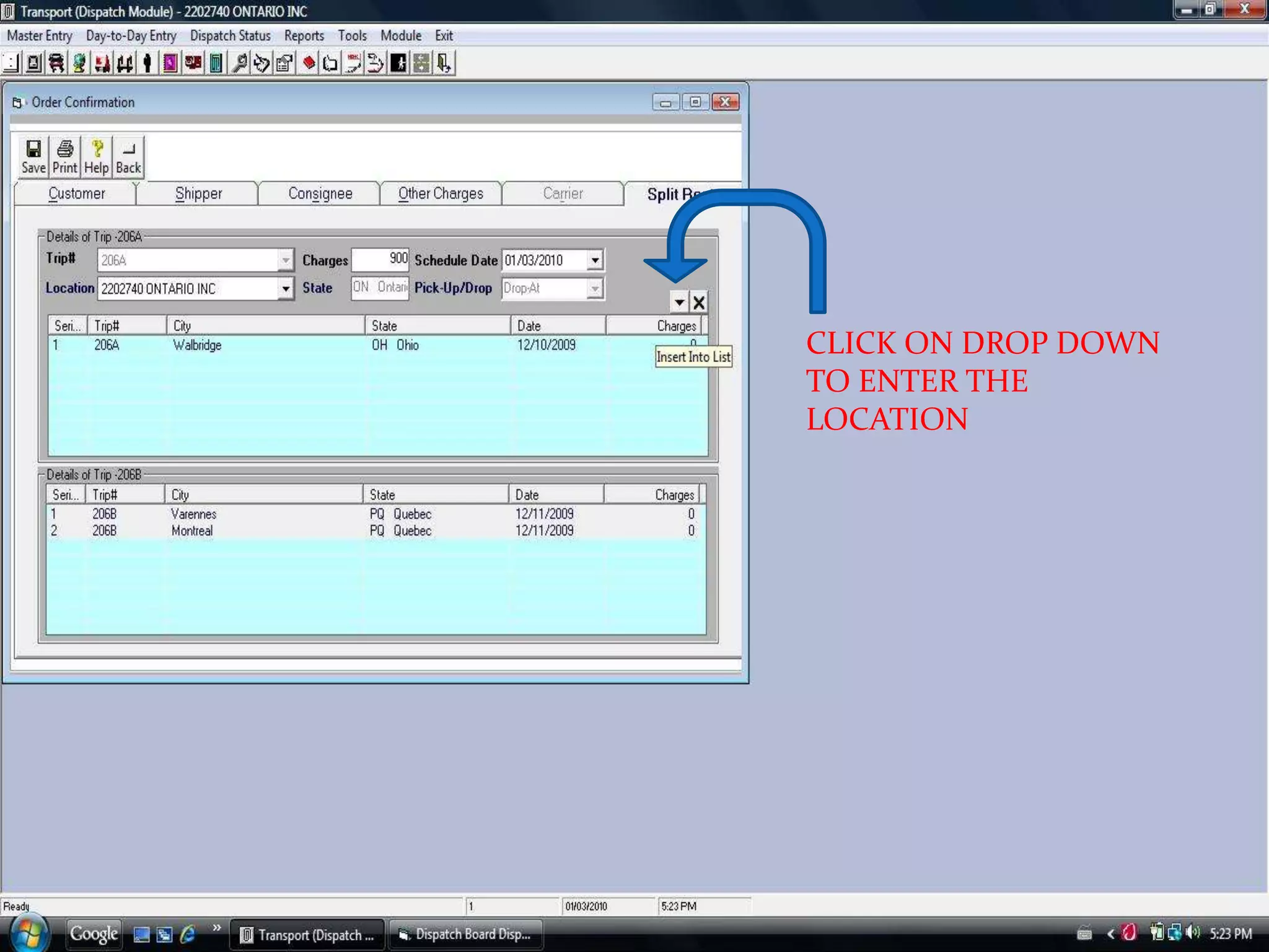 CLICK ON DROP DOWN TO ENTER THE LOCATION