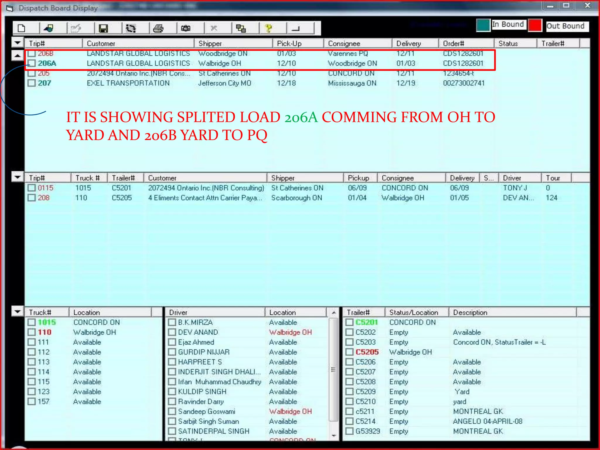 IT IS SHOWING SPLITED LOAD 206A COMMING FROM OH TO YARD AND 206B YARD TO PQ
