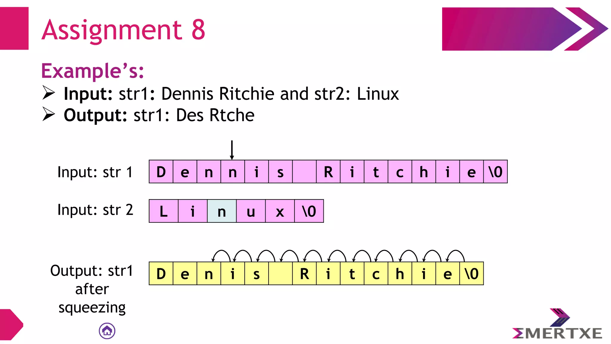 Assignment 8
Example’s:
 Input: str1: Dennis Ritchie and str2: Linux
 Output: str1: Des Rtche
D e n n i s R i t c h i e 0
Input: str 1
L i n u x 0
Input: str 2
Output: str1
after
squeezing
D e n i s R i t c h i e 0
 