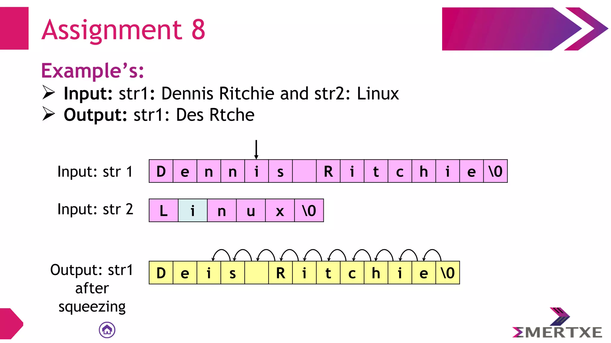 Assignment 8
Example’s:
 Input: str1: Dennis Ritchie and str2: Linux
 Output: str1: Des Rtche
D e n n i s R i t c h i e 0
Input: str 1
L i n u x 0
Input: str 2
Output: str1
after
squeezing
D e i s R i t c h i e 0
 