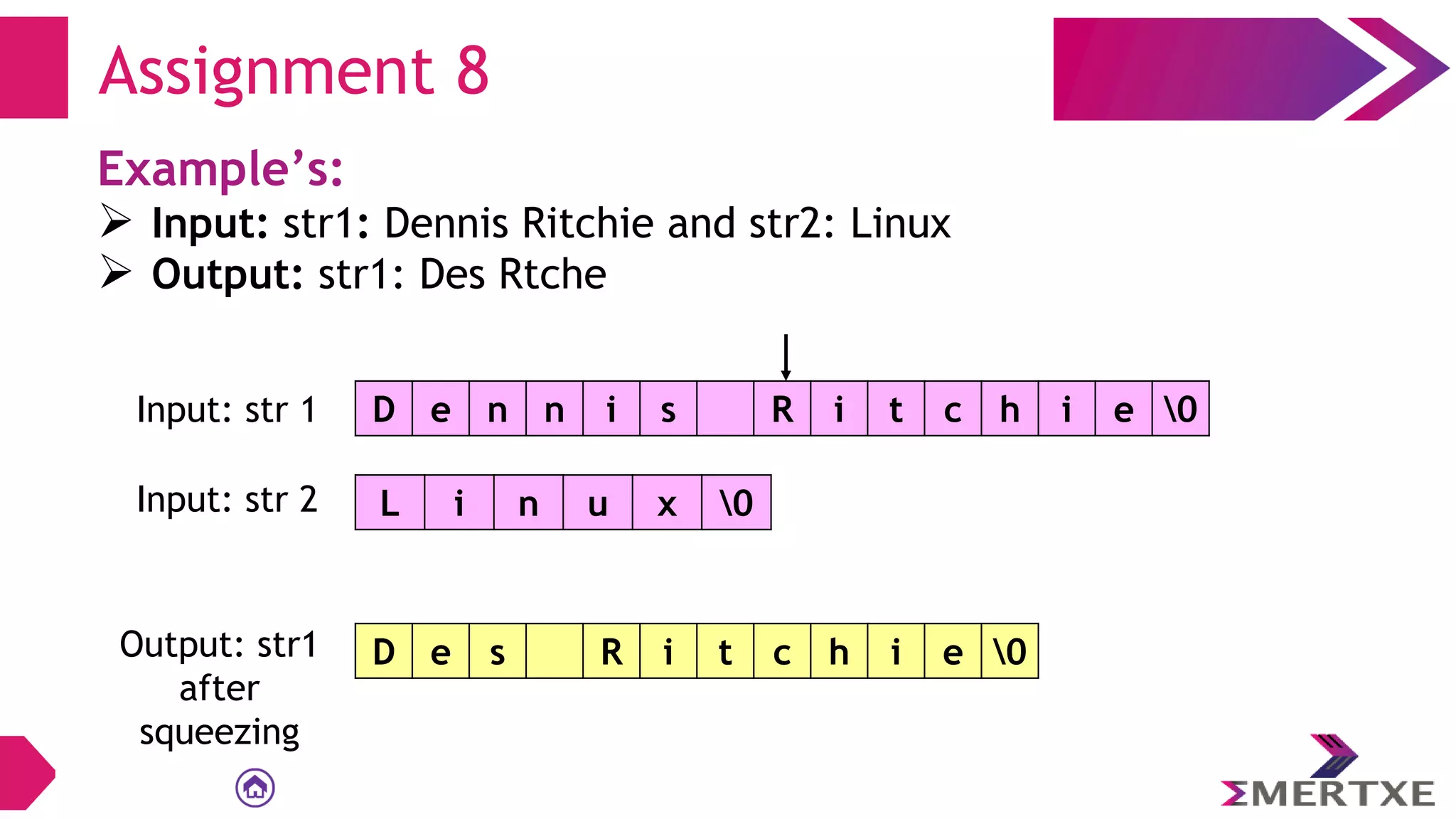 Assignment 8
Example’s:
 Input: str1: Dennis Ritchie and str2: Linux
 Output: str1: Des Rtche
D e n n i s R i t c h i e 0
Input: str 1
L i n u x 0
Input: str 2
Output: str1
after
squeezing
D e s R i t c h i e 0
 