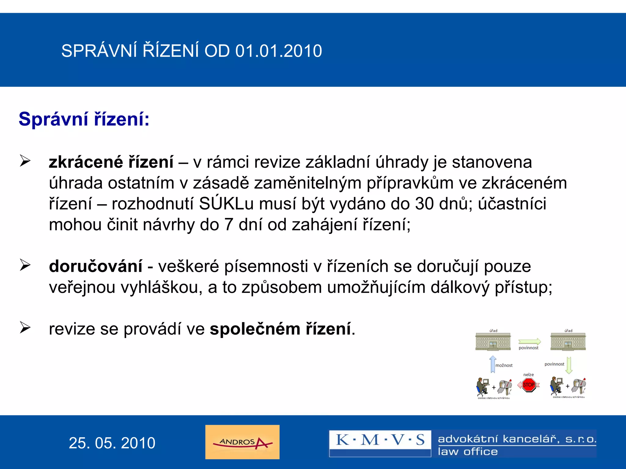 SPRÁVNÍ ŘÍZENÍ OD 01.01.2010 Správní řízení:  zkrácené řízení  – v rámci revize základní úhrady je stanovena  úhrada ostatním v zásadě zaměnitelným přípravkům ve zkráceném řízení – rozhodnutí SÚKLu musí být vydáno do 30 dnů; účastníci mohou činit návrhy do 7 dní od zahájení řízení; doručování  - veškeré písemnosti v řízeních se doručují pouze veřejnou vyhláškou, a to způsobem umožňujícím dálkový přístup; revize se provádí ve  společném řízení . 25. 05. 2010 