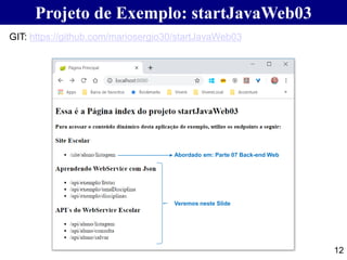 12
Projeto de Exemplo: startJavaWeb03
GIT: https://github.com/mariosergio30/startJavaWeb03
Veremos neste Slide
Abordado em: Parte 07 Back-end Web
 