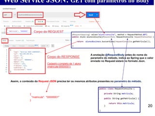 20
Web Service JSON: GET com parâmetros no Body
A anotação @RequestBody antes do nome do
parametro do método, indica ao Spring que o valor
enviado no Request estará no formato Json.
{
"matricula": "00000001"
}
Assim, o conteúdo do Request JSON precisa ter os mesmos atributos presentes no parametro do método.
 