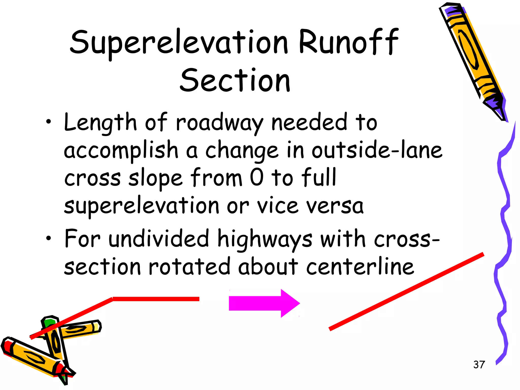 37
Superelevation Runoff
Section
• Length of roadway needed to
accomplish a change in outside-lane
cross slope from 0 to full
superelevation or vice versa
• For undivided highways with cross-
section rotated about centerline
 