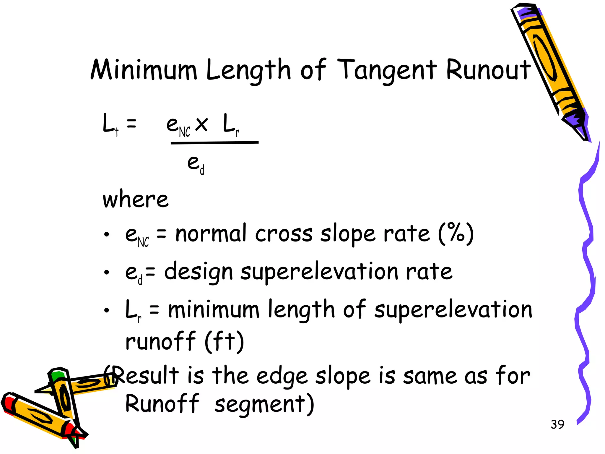 39
Minimum Length of Tangent Runout
Lt = eNC x Lr
ed
where
• eNC = normal cross slope rate (%)
• ed = design superelevation rate
• Lr = minimum length of superelevation
runoff (ft)
(Result is the edge slope is same as for
Runoff segment)
 