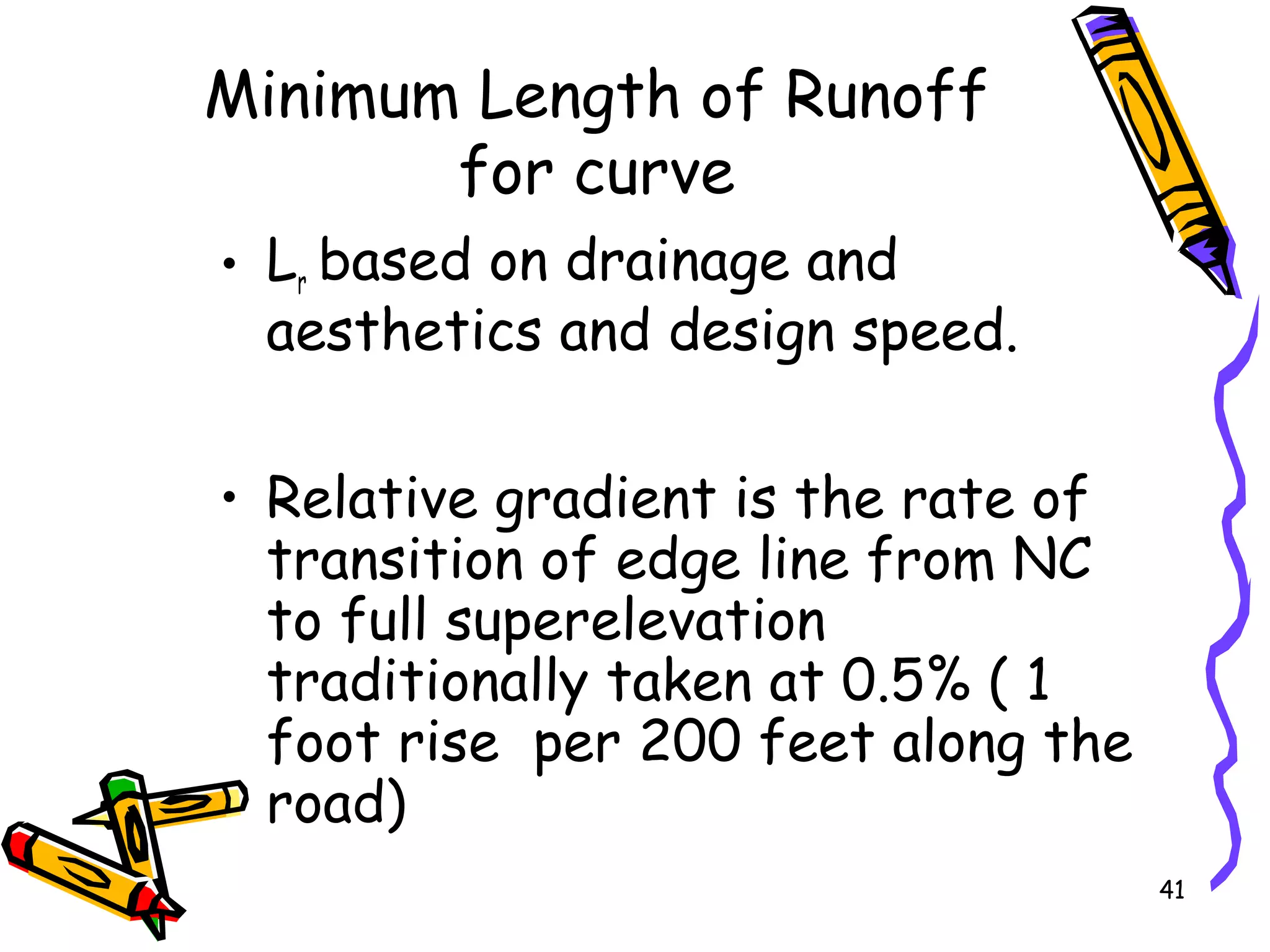 41
Minimum Length of Runoff
for curve
• Lr based on drainage and
aesthetics and design speed.
• Relative gradient is the rate of
transition of edge line from NC
to full superelevation
traditionally taken at 0.5% ( 1
foot rise per 200 feet along the
road)
 