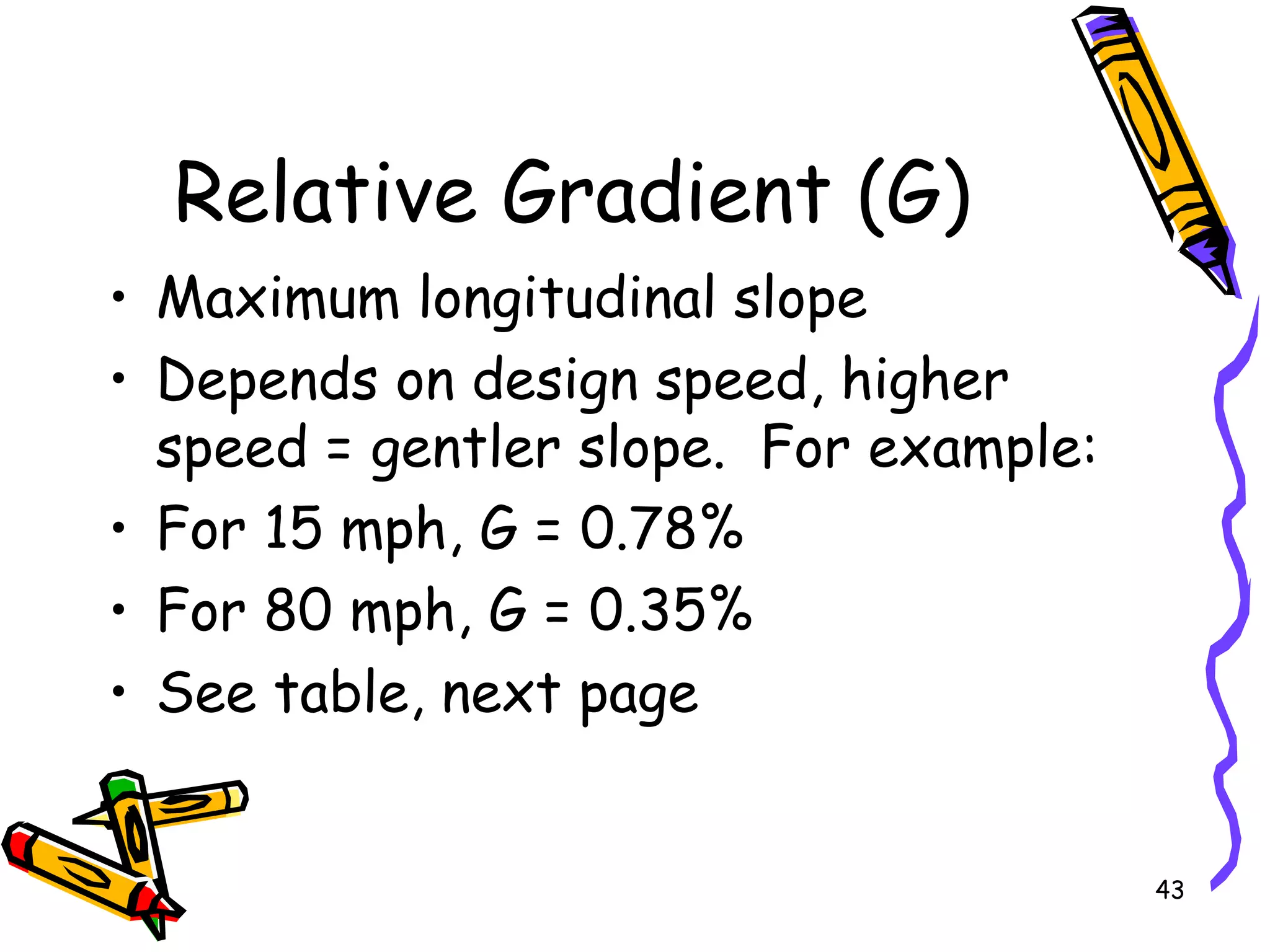 43
Relative Gradient (G)
• Maximum longitudinal slope
• Depends on design speed, higher
speed = gentler slope. For example:
• For 15 mph, G = 0.78%
• For 80 mph, G = 0.35%
• See table, next page
 