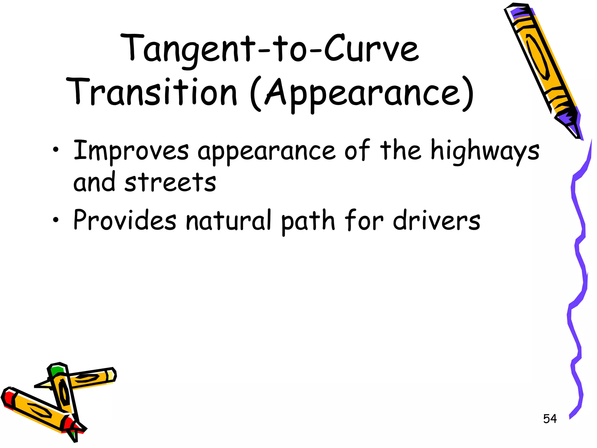 54
Tangent-to-Curve
Transition (Appearance)
• Improves appearance of the highways
and streets
• Provides natural path for drivers
 