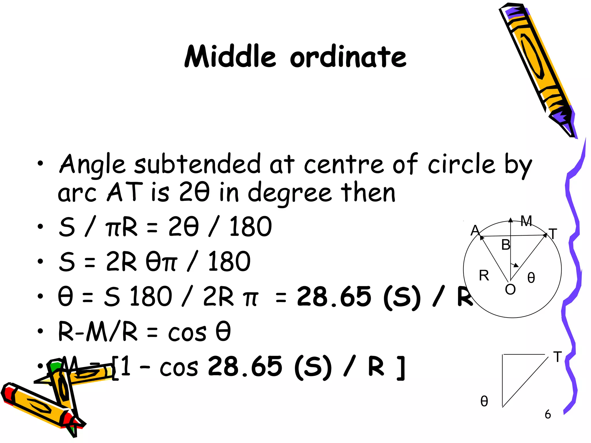 6
Middle ordinate
• Angle subtended at centre of circle by
arc AT is 2θ in degree then
• S / πR = 2θ / 180
• S = 2R θπ / 180
• θ = S 180 / 2R π = 28.65 (S) / R
• R-M/R = cos θ
• M = [1 – cos 28.65 (S) / R ]
θR
M
A T
B
T
O
θ
 
