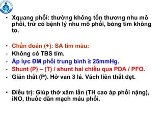 • Xquang phổi: thường không tổn thương nhu mô
phổi, trừ có bệnh lý nhu mô phổi, bóng tim không
to.
• Chẩn đoán (+): SA tim màu:
- Không có TBS tím.
- Áp lực ĐM phổi trung bình ≥ 25mmHg.
- Shunt (P) – (T) / shunt hai chiều qua PDA / PFO.
- Giãn thất (P). Hở van 3 lá. Vách liên thất dẹt.
• Điều trị: Giúp thở xâm lấn (TH cao áp phổi nặng),
iNO, thuốc dãn mạch máu phổi.
 