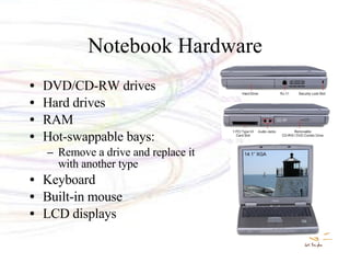 Notebook Hardware DVD/CD-RW drives Hard drives RAM Hot-swappable bays: Remove a drive and replace it with another type Keyboard Built-in mouse LCD displays 