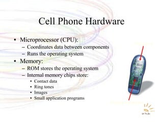 Cell Phone Hardware Microprocessor (CPU): Coordinates data between components Runs the operating system Memory: ROM stores the operating system Internal memory chips store: Contact data  Ring tones Images Small application programs  Microprocessor  Memory  