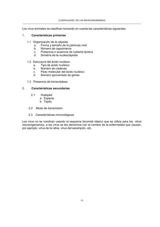 CLASIFICACIÓN DE LOS MICROORGANISMOS
______________________________________________________________________________________________________
10
Los virus animales se clasifican tomando en cuenta las características siguientes:
1. Características primarias
1.1 Organización de la cápsida
a. Forma y tamaño de la partícula viral
b. Número de capsómeros
c. Presencia o ausencia de cubierta lipídica
d. Simetría de la nucleocápsida
1.2 Estructura del ácido nucleico
a. Tipo de ácido nucleico
b. Número de cadenas
c. Peso molecular del ácido nucleico
d. Número aproximado de genes
1.3 Presencia de transcriptasa
2. Características secundarias
2.1 Huésped
a. Especie
b. Tejido
2.2 Modo de transmisión
2.3 Características inmunológicas
Los virus no se nombran usando el esquema binomial clásico que se utiliza para los otros
microorganismos, a los virus se les denomina con el nombre de la enfermedad que causan,
por ejemplo, virus de la rabia, virus del sarampión, etc.
 