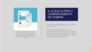 O futuro da inteligência artificial ganhou um tom
“hype” em 2015.
Em 2016, isso sofrerá uma mutação: há
o aumento das expectativas dos consumidores
com relação aos serviços digitais que os levam
a tomar decisões mais inteligentes com relação
ao seu comportamento de compra.
8. AI QUE ALTERA O
COMPORTAMENTO
DE COMPRA
hidevaldo
O Paribus permite que você faça economia
em suas compras e grave um histórico de
pagamentos que lhe provê inteligência de
consumo. Essa inteligência, pode alterar o seu
comportamento na hora de optar por novas
aquisições
 