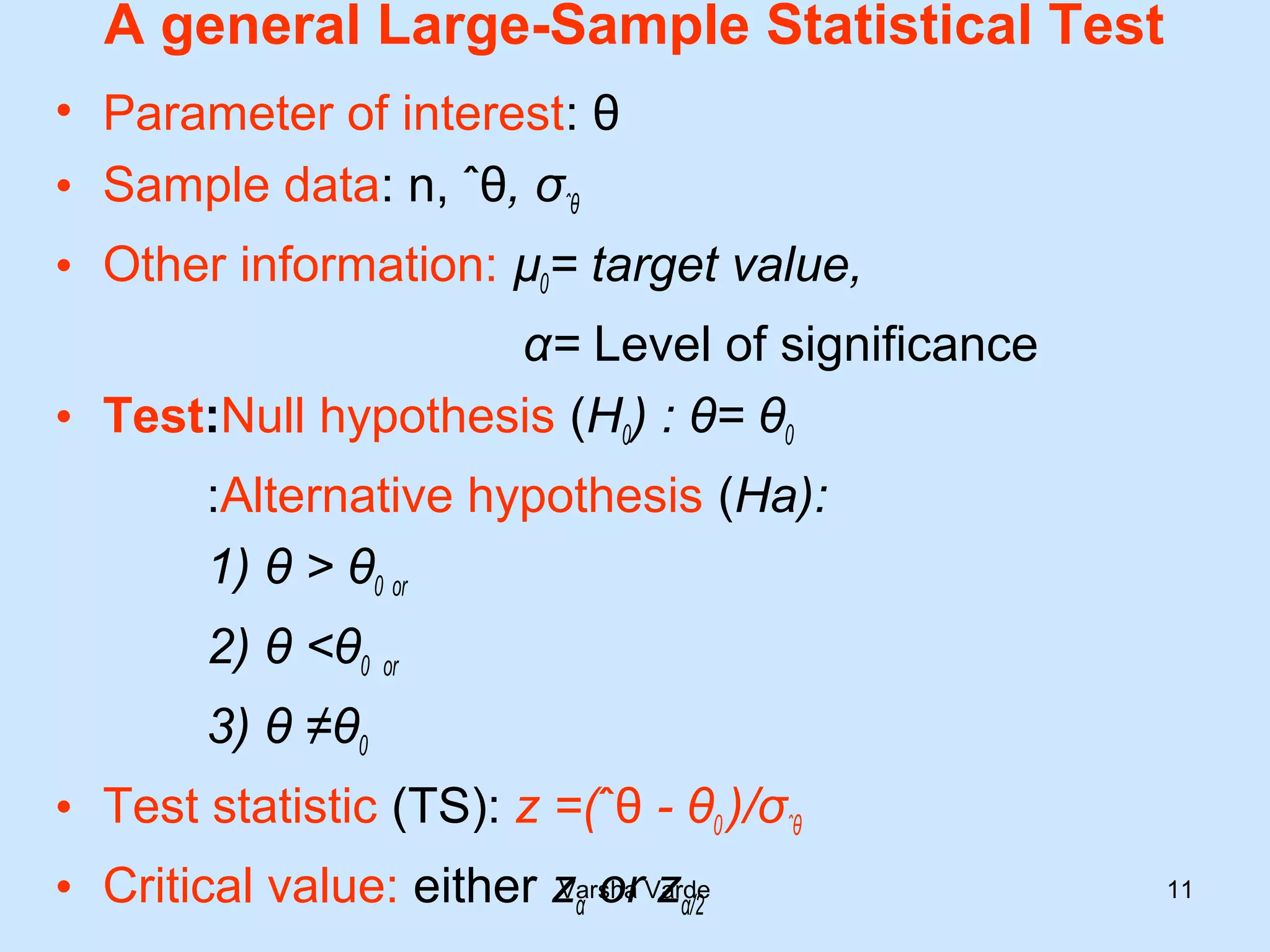 A general Large-Sample Statistical Test
• Parameter of interest: θ
• Sample data: n, ˆθ, σˆθ
• Other information: µ0= target value,
α= Level of significance
• Test:Null hypothesis (H0) : θ= θ0
:Alternative hypothesis (Ha):
1) θ > θ0 or
2) θ <θ0 or
3) θ ≠θ0
• Test statistic (TS): z =(ˆθ - θ0 )/σˆθ
• Critical value: either zα or zα/2
Varsha Varde 11
 