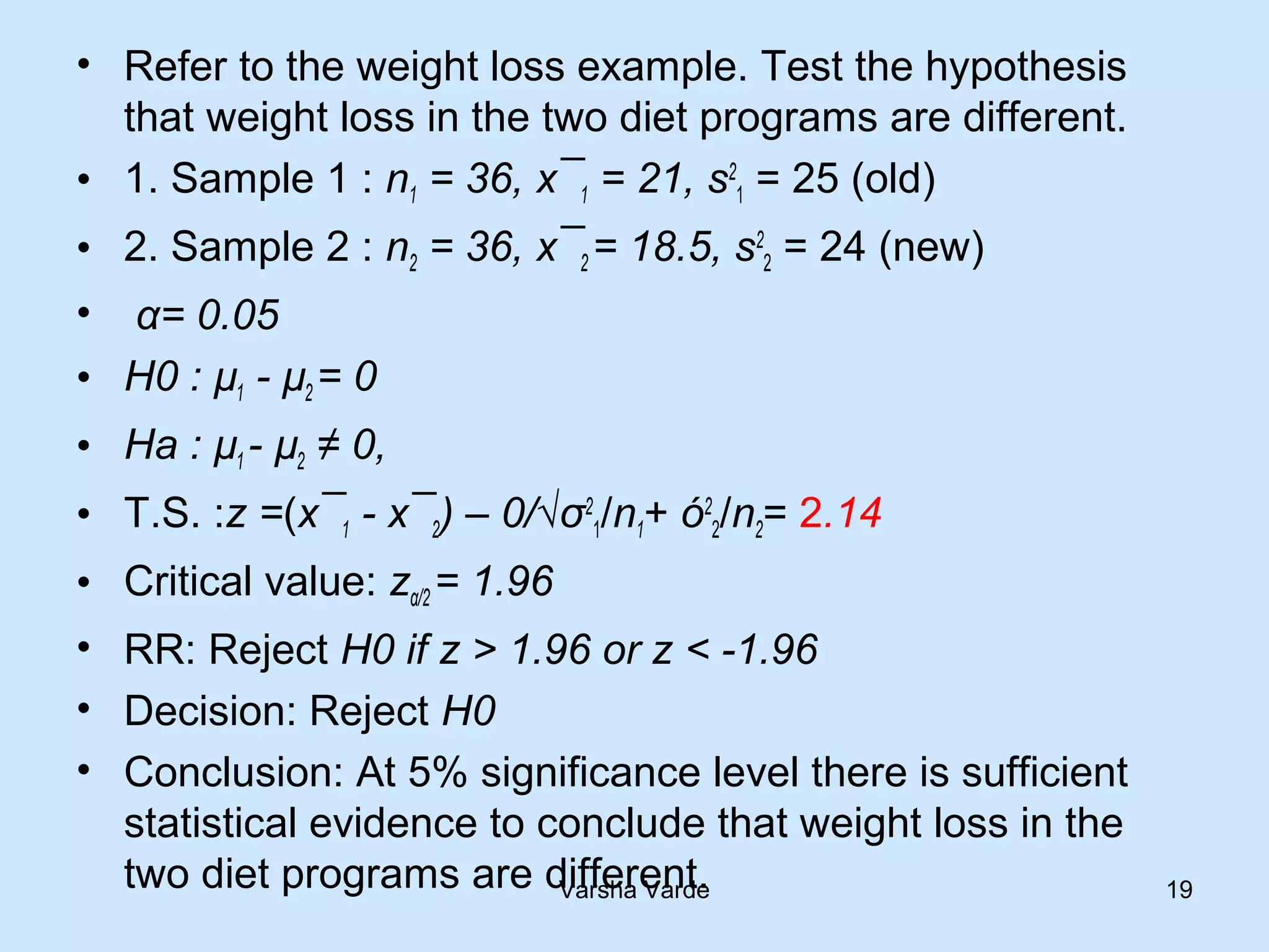 • Refer to the weight loss example. Test the hypothesis
that weight loss in the two diet programs are different.
• 1. Sample 1 : n1 = 36, x¯1 = 21, s2
1 = 25 (old)
• 2. Sample 2 : n2 = 36, x¯2 = 18.5, s2
2 = 24 (new)
• α= 0.05
• H0 : µ1 - µ2 = 0
• Ha : µ1 - µ2 ≠ 0,
• T.S. :z =(x¯1 - x¯2) – 0/√σ2
1/n1+ ó2
2/n2= 2.14
• Critical value: zα/2 = 1.96
• RR: Reject H0 if z > 1.96 or z < -1.96
• Decision: Reject H0
• Conclusion: At 5% significance level there is sufficient
statistical evidence to conclude that weight loss in the
two diet programs are different.Varsha Varde 19
 