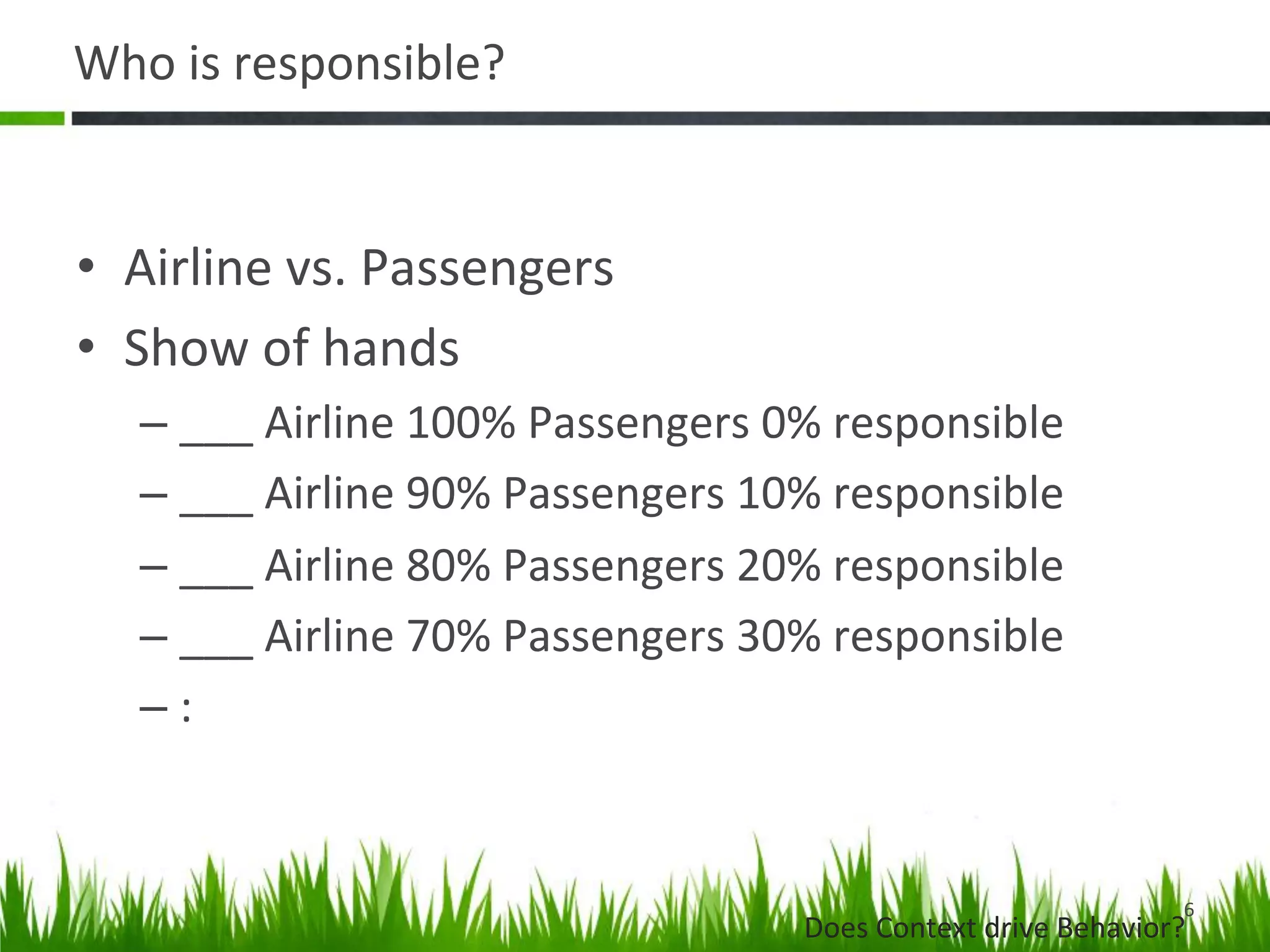 Who	
  is	
  responsible?	
  


•  Airline	
  vs.	
  Passengers	
  
•  Show	
  of	
  hands	
  
    –  ___	
  Airline	
  100%	
  Passengers	
  0%	
  responsible	
  
    –  ___	
  Airline	
  90%	
  Passengers	
  10%	
  responsible	
  
    –  ___	
  Airline	
  80%	
  Passengers	
  20%	
  responsible	
  
    –  ___	
  Airline	
  70%	
  Passengers	
  30%	
  responsible	
  
    –  :	
  


                                                                                         6	
  
                                                 Does	
  Context	
  drive	
  Behavior?	
  
 