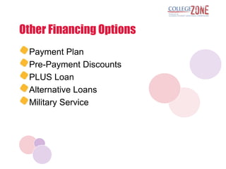 Other Financing Options
 Payment Plan
 Pre-Payment Discounts
 PLUS Loan
 Alternative Loans
 Military Service
 