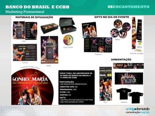 banco do brasil e CCBB                                              08encantamento
Marketing Promocional




                                                                      Bottom
         Flyer


                                 Caixa-Convite


                                                                                             Marcador de livro
                                                 Programa



         Convite
                        Cartaz

                                                                                    Balcão




                                                                                     Lona




                                                            Placa              Uniforme
 
