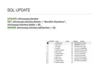 SQL UPDATE

UPDATE oﬁcinasql.clientes
SET oﬁcinasql.clientes.Nome = "Seraﬁm Saudoso",
oﬁcinasql.clientes.Idade = 65
WHERE oﬁcinasql.clientes.idClientes = 12;
 