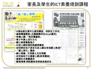 家長及學生的ICT素養培訓課程

14個地區支援中心提供講座、培訓及工作坊:
•基礎電腦課程 (互聯網應用及Gmail應用)
•有機上網-「南亞電腦班」
•青少年網上流行文化
•網上娛樂重點推介
•沉迷上網的預防與處理講座
•如何辨析孩子是否沉迷上網及受到網上欺凌?
•「網上罪行」講座
•網上情緣 - 正視網上交友問題
•如何協助子女健康上網(家長講座)
•基礎社交媒體應用
•數碼鴻溝 與認識香港清貧家庭狀況
© Internet Learning Resource Centre (ILRC). ILRC Confidential. All rights reserved.

12

 