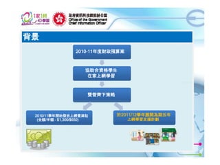 背景
2010-11年度財政預算案

協助合資格學生
在家上網學習

雙管齊下策略

2010/11學年開始發放上網費津貼
(全額/半額 - $1,300/$650)

於2011/12學年展開為期五年
上網學習支援計劃

2

 