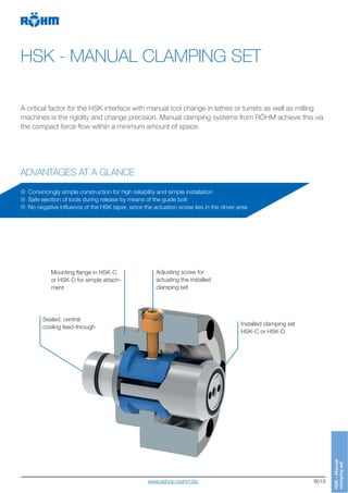 8019
HSK - MANUAL CLAMPING SET
ADVANTAGES AT A GLANCE
A critical factor for the HSK interface with manual tool change in lathes or turrets as well as milling
machines is the rigidity and change precision. Manual clamping systems from RÖHM achieve this via
the compact force flow within a minimum amount of space.
Sealed, central
cooling feed-through
Mounting flange in HSK-C
or HSK-D for simple attach-
ment
Adjusting screw for
actuating the installed
clamping set
Convincingly simple construction for high reliability and simple installation
Safe ejection of tools during release by means of the guide bolt
No negative influence of the HSK taper, since the actuation screw lies in the driver area
Installed clamping set
HSK-C or HSK-D
HSK-Manual
clampingset
www.eshop.roehm.biz
 