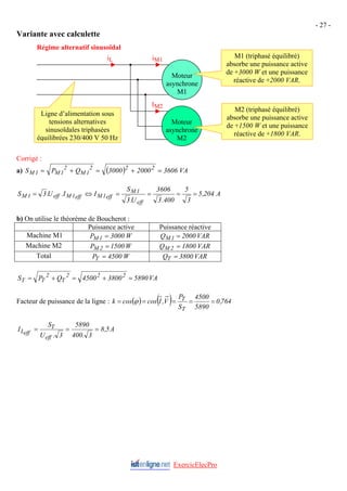 - 27 -
Variante avec calculette
Ligne d’alimentation sous
tensions alternatives
sinusoïdales triphasées
équilibrées 230/400 V 50 Hz
iM1
Moteur
asynchrone
M1
M1 (triphasé équilibré)
absorbe une puissance active
de +3000 W et une puissance
réactive de +2000 VAR.
Régime alternatif sinusoïdal
iL
IM2
Moteur
asynchrone
M2 M Piou
M2 (triphasé équilibré)
absorbe une puissance active
de +1500 W et une puissance
réactive de +1800 VAR.
Corrigé :
a) ( ) VA
3606
2000
3000
Q
P
S 2
2
2
1
M
2
1
M
1
M =
+
=
+
=
A
204
,
5
3
5
400
.
3
3606
U
.
3
S
I
I
.
U
.
3
S
eff
1
M
eff
1
M
eff
1
M
eff
1
M =
=
=
=
⇔
=
b) On utilise le théorème de Boucherot :
Puissance active Puissance réactive
Machine M1 W
3000
P 1
M = VAR
2000
Q 1
M =
Machine M2 W
1500
P 2
M = VAR
1800
Q 2
M =
Total W
4500
PT = VAR
3800
QT =
VA
5890
3800
4500
Q
P
S 2
2
2
T
2
T
T =
+
=
+
=
Facteur de puissance de la ligne : ( ) ( ) 764
,
0
5890
4500
S
P
V
,
I
cos
cos
k
T
T
=
=
=
=
= ϕ
A
5
,
8
3
.
400
5890
3
.
U
S
I
eff
T
eff
L =
=
=
ExercicElecPro
 