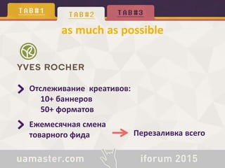 as much as possible
Отслеживание креативов:
10+ баннеров
50+ форматов
Ежемесячная смена
товарного фида Перезаливка всего
 