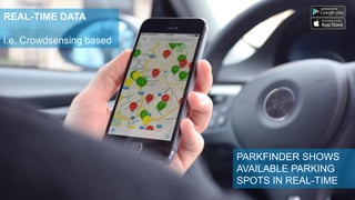 PARKFINDER SHOWS
AVAILABLE PARKING
SPOTS IN REAL-TIME
REAL-TIME DATA
i.e. Crowdsensing based
 