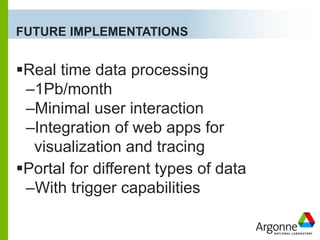 FUTURE IMPLEMENTATIONS
▪Real time data processing
–1Pb/month
–Minimal user interaction
–Integration of web apps for
visual...