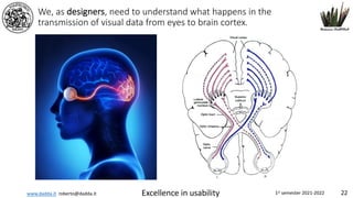 www.dadda.it roberto@dadda.it Excellence in usability 1st semester 2021-2022 22
We, as designers, need to understand what happens in the
transmission of visual data from eyes to brain cortex.
 