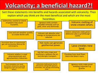Volcancity; a beneficial hazard?!Volcancity; a beneficial hazard?!
Sort these statements into benefits and hazards associated with volcancity. Then
explain which you think are the most beneficial and which are the most
hazardous.
Submarine, coastal or island
eruptions may cause
Tsunamis.
Ash fall ruins crops and
machinery, pollutes the air,
and disrupts transport.
Dust emissions can seed
torrential rainstorms causing
dangerous wet ash and mud
lahars .
Flooding from laval flows
block and divert rivers.
Pyroclastic flows of superheated
gas, ash and pumice destroy life
and property.
Volcanic melting of
snow creates lahars.
Volcanic ash absorbs solar
energy so temperatures are
reduced.
Hot rocks can generate
geothermal power.
Igneous rocks contain
valuable minerals such as
gold, silver and diamonds.
Volcanic sulphur is used
pharmaceuticals and
agrochemistry industries.
Igneous rocks make great
building materials e.g
granite.
Extinct volcanoes make great
defensive sites e.g Edinburgh
Castle.
Lava and ash weather quickly
to create fertile soils.
Volcanoes make great tourist
attractions along with geysers,
fumeroles, hot springs and boiling
mud.
Lava creates new
land.
 