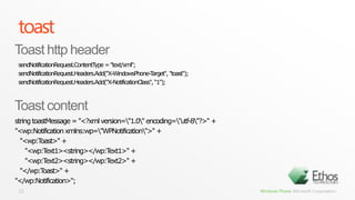 toastsendNotificationRequest.ContentType = "text/xml";sendNotificationRequest.Headers.Add("X-WindowsPhone-Target", "toast");sendNotificationRequest.Headers.Add("X-NotificationClass", “1");23Toast http headerToast contentstring toastMessage = "<?xml version=\"1.0\" encoding=\"utf-8\"?>" +"<wp:Notificationxmlns:wp=\"WPNotification\">" +   "<wp:Toast>" +      "<wp:Text1><string></wp:Text1>" +      "<wp:Text2><string></wp:Text2>" +   "</wp:Toast>" +"</wp:Notification>";