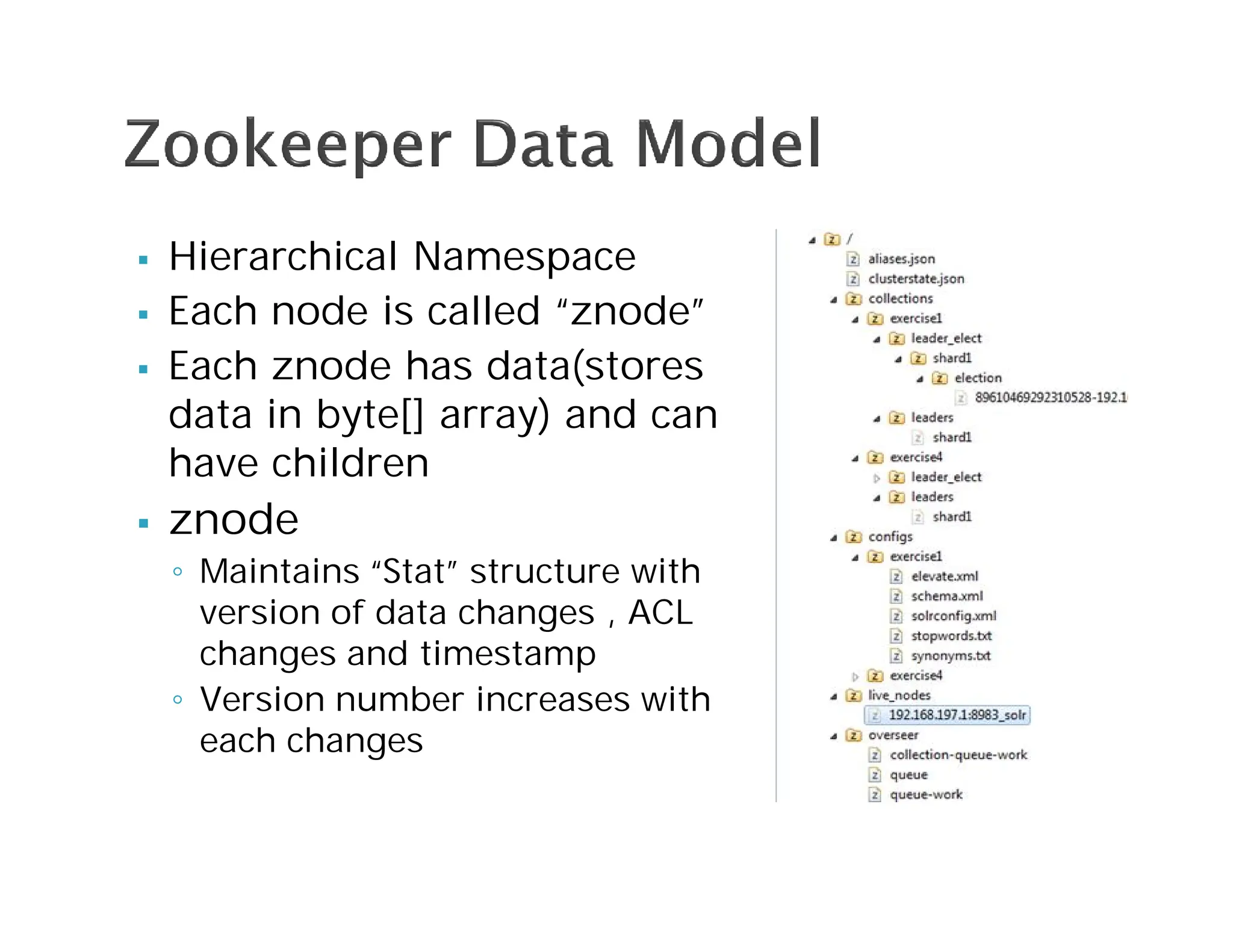  Hierarchical Namespace
 Each node is called “znode”
 Each znode has data(stores
data in byte[] array) and can
have children
 znode
◦ Maintains “Stat” structure with
version of data changes , ACL
changes and timestamp
◦ Version number increases with
each changes
 