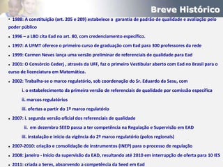 Breve Histórico
• 1988: A constituição (art. 205 e 209) estabelece a garantia de padrão de qualidade e avaliação pelo
poder público
   1996 – a LBD cita Ead no art. 80, com credenciamento específico.
   1997: A UFMT oferece o primeiro curso de graduação com Ead para 300 professores da rede
   1999: Carmen Neves lança uma versão preliminar de referenciais de qualidade para Ead
   2001: O Consórcio Cederj , através da UFF, faz o primeiro Vestibular aberto com Ead no Brasil para o
curso de licenciatura em Matemática.
   2002: Trabalha-se o marco regulatório, sob coordenação do Sr. Eduardo da Sesu, com
        i. o estabelecimento da primeira versão de referenciais de qualidade por comissão específica
        ii. marcos regulatórios
        iii. ofertas a partir do 1º marco regulatório
   2007: i. segunda versão oficial dos referenciais de qualidade
         ii. em dezembro SEED passa a ter competência na Regulação e Supervisão em EAD
        iii. instalação e inicio da vigência do 2º marco regulatório (polos regionais)
   2007-2010: criação e consolidação de instrumentos (INEP) para o processo de regulação
   2008: janeiro - Início da supervisão da EAD, resultando até 2010 em interrupção de oferta para 10 IES
   2011: criada a Seres, absorvendo a competência da Seed em Ead
 
