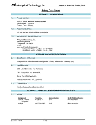 Analytical Technology, Inc. 09-0028 Fluoride Buffer SDS
Revised: 7/2016 1 of 5
Safety Data Sheet
SECTION 1: IDENTIFICATION
1.1 Product Identifier:
Product Name: Fluoride Monitor Buffer
Part Number: 09-0028
Product Form: Mixture
1.2 Recommended Use:
For use with ATI on-line fluoride ion monitors
1.3 Manufacturer's Name and Address:
Analytical Technology, Inc.
6 Iron Bridge Drive
Collegeville, PA 19426
U.S.A..
www.analyticaltechnology.com
Emergency Phone Number: 610-917-0991
Information Phone Number: 610-917-0991
SECTION 2: HAZARDS IDENTIFICATION
2.1 Classification of Chemical
This product is not classified according to the Globally Harmonized System (GHS).
2.2 Label Elements
GHS Label Elements: Not Applicable
GHS Pictograms: Not Applicable
Signal Word: Not Applicable
Hazard Statements: Not Applicable
2.3 Other Hazards
No other hazards have been identified.
SECTION 3: COMPOSITION/INFORMATION ON INGREDIENTS
3.1 Mixture
Component Cass No. Concentration GHS-US Classification
Sodium Acetate
Trihydrate
6131-90-4 27% Non-hazardous
Vinegar 0000064-19-7 63% Non-hazardous
 