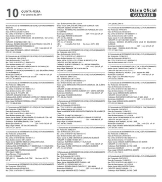 10

Diário Oficial
GUARUJÁ

quinta-feira

9 de janeiro de 2014

08. Comunicado de DEFERIMENTO DE LICENÇA DE FUNCIONAMENTO
EVENTUAL
No. Protocolo: 36120/2013
Data de Protocolo: 05/11/2013
No. CEVS: 351870101-472-000395-1-9
Data de Vencimento: 05/03/2014
Razão Social: R M S NYARI DOCES - ME (EVENTUAL - 05/12/13 À
05/0
CNPJ/CPF: 018.678.841/0001-18( )
Endereço: AVENIDA MARJORY DA SILVA PRADO,1100 LOTE A
BALNEÁRIO PRAIA DO PERNAMBUCO
Município: GUARUJÁ
CEP: 11444-000 UF: SP
Resp. Legal: ROSANGELA MELLO SINISGALLI
CPF: 951.255.158-68
09. Comunicado de DEFERIMENTO DE LICENÇA DE FUNCIONAMENTO
No. Protocolo: 18913/2012
Data de Protocolo: 22/06/2012
No. CEVS: 351870101-471-000024-1-0
Data de Vencimento: 03/12/2014
Razão Social: COMPANHIA BRASILEIRA DE DISTRIBUIÇÃO
CNPJ/CPF: 047.508.411/1362-10( )
Endereço: ESTRADA DO PERNAMBUCO ,500 BALNEÁRIO PRAIA
DO PERNAMBUCO
Município: GUARUJÁ
CEP: 11443-411 UF: SP
Resp. Legal: PAULO ROBERTO DE SOUZA
CPF: 031.873.838-40
10. Comunicado de DEFERIMENTO DE LICENÇA DE FUNCIONAMENTO
No. Protocolo: 1886/2013
Data de Protocolo: 11/01/2013
No. CEVS: 351870101-561-000053-1-2
Data de Vencimento: 03/12/2014
Razão Social: A. F. CRAVO - ME
CNPJ/CPF: 000.247.875/0001-92( )
Endereço: RUA AUREO GUENAGA CASTRO, 427 PARQUE ENSEADA
Município: GUARUJÁ
CEP: 11443-000 UF: SP
Resp. Legal: ALTAMIRO FERREIRA CRAVO
CPF: 729.366.818-04
11.Comunicado de DEFERIMENTO DE LICENÇA DE FUNCIONAMENTO
No. Protocolo: 11804/2013
Data de Protocolo: 17/04/2013
No. CEVS: 351870101-471-000193-1-3
Data de Vencimento: 04/12/2014
Razão Social: PANIFICADORA BARRA DO GUARUJÁ LTDA - ME
CNPJ/CPF: 048.696.611/0001-42(001)
Endereço: RUA MÁRIO RIBEIRO,1554 CENTRO
Município: GUARUJÁ
CEP: 11410-192 UF: SP
Resp. Legal: SINVAL DE SOUZA CARDOSO
CPF: 814.671.507-97
12. Comunicado de DEFERIMENTO DE LICENÇA DE FUNCIONAMENTO
No. Protocolo: 21562/2013
Data de Protocolo: 23/07/2013
No. CEVS: 351870101-863-001004-1-2
Data de Vencimento: 04/12/2014
Razão Social: CENTRO MÉDICO CAVALCANTE LTDA.
CNPJ/CPF: 014.077.116/0001-33( )
Endereço: RUA MONTENEGRO,18 1º ANDAR SALA 11/12 VILA MAIA
Município: GUARUJÁ
CEP: 11410-040 UF: SP
Resp. Legal: ILZA TENORIO CAVALCANTE
CPF: 098.017.848-73
Resp. Técnico: CESAR AUGUSTO
CPF: 029.127.208-85
CBO: 06110 Conselho Prof: CRM
No. Inscr.: 63.776
UF: SP
13. Comunicado de DEFERIMENTO DE LICENÇA DE FUNCIONAMENTO
No. Protocolo: 22823/2013
Data de Protocolo: 05/08/2013
No. CEVS: 351870101-477-000078-1-1

Data de Vencimento: 04/12/2014
Razão Social: ÓTICA TÉCNICA PAULISTA GUARUJÁ LTDA
CNPJ/CPF: 008.602.707/0001-80( )
Endereço: AV. MARECHAL DEODORO DA FONSECA,885 LOJA
213 CENTRO
Município: GUARUJÁ
CEP: 11410-221 UF: SP
Resp. Legal: RENATA SCARAZZATI
CPF: 424.962.348-30
Resp. Técnico: RODRIGO JORDÃO
CPF: 352.277.918-56
CBO:
Conselho Prof: N/A
No. Inscr.: 2379 - 89 V
UF: SP
14. Comunicado de DEFERIMENTO DE LICENÇA DE FUNCIONAMENTO
No. Protocolo: 6341/2013
Data de Protocolo: 26/02/2013
No. CEVS: 351870101-471-000033-1-0
Data de Vencimento: 05/12/2014
Razão Social: ESTRELA DO LITORAL ALIMENTOS LTDA
CNPJ/CPF: 003.782.188/0001-65( )
Endereço: RUA DOS GERANIOS,136 JARDIM PRIMAVERA
Município: GUARUJÁ
CEP: 11432-330 UF: SP
Resp. Legal: BARNABÉ DA SILVA ALMEIDA
CPF: 046.070.238-68
15. Comunicado de DEFERIMENTO DE LICENÇA DE FUNCIONAMENTO
No. Protocolo: 34897/2012
Data de Protocolo: 28/11/2012
No. CEVS: 351870101-469-000003-2-9
Data de Vencimento: 05/12/2014
Razão Social: MERCADÃO ATACADISTA COMERCIAL DE ALIMENTOS LTDA
CNPJ/CPF: 016.881.767/0002-98( )
Endereço: AVENIDA SANTOS DUMONT,1071 SANTO ANTONIO
Município: GUARUJÁ
CEP: 11460-003 UF: SP
Resp. Legal: EDUARDO MUNHOZ
CPF: 286.462.768-05
16. Comunicado de DEFERIMENTO DE LICENÇA DE FUNCIONAMENTO
No. Protocolo: 7012/2013
Data de Protocolo: 05/03/2013
No. CEVS: 351870101-469-000001-1-6
Data de Vencimento: 05/12/2014
Razão Social: MERCADÃO ATACADISTA COMERCIAL DE ALIMENTOS
LTDA.
CNPJ/CPF: 016.881.767/0004-50( )
Endereço: AVENIDA BIDU SAYÃO,619 PARAIA DO PEREQUÊ
Município: GUARUJÁ
CEP: 11446-480 UF: SP
Resp. Legal: EDUARDO MUNHOZ
CPF: 286.462.768-05
17. Comunicado de DEFERIMENTO DE LICENÇA DE FUNCIONAMENTO
No. Protocolo: 2680/2011
Data de Protocolo: 24/01/2011
No. CEVS: 351870101-562-000103-1-6
Data de Vencimento: 06/12/2014
Razão Social: ELAINE CRISTINA DE CARVALHO ALMEIDA
CNPJ/CPF: 013.088.114/0001-87( )
Endereço: RUA MINAS GERAIS,11 VILA ZILDA
Município: GUARUJÁ
CEP: 11436-160 UF: SP
Resp. Legal: ELAINE CRISTINA DE CARVALHO ALMEIDA
CPF: 254.587.678-02
18. Comunicado de DEFERIMENTO DE LICENÇA DE FUNCIONAMENTO
No. Protocolo: 39893/2013
Data de Protocolo: 26/11/2013
No. CEVS: 351870101-561-000760-1-5
Data de Vencimento: 06/12/2014
Razão Social: AMANDA BOZZI CHAGAS - ME
CNPJ/CPF: 011.295.833/0001-43( )
Endereço: AVENIDA EMILIO CARLOS,271 VILA MAIA
Município: GUARUJÁ
CEP: 11410-140 UF: SP
Resp. Legal: AMANDA BOZZI CHAGAS

CPF: 258.962.248-18
19. Comunicado de DEFERIMENTO DE LICENÇA DE FUNCIONAMENTO
No. Protocolo: 4444/2013
Data de Protocolo: 05/02/2013
No. CEVS: 351870101-109-000009-1-4
Data de Vencimento: 28/11/2014
Razão Social: F. A. DE LIMA EIRELI - ME
CNPJ/CPF: 011.871.967/0001-65(001)
Endereço: AVENIDA ATLANTICA,1475 LOJA 01 BALNEÁRIO
GUARUJÁ
Município: GUARUJÁ
CEP: 11442-070 UF: SP
Resp. Legal: FABIANA ALVES DE LIMA
CPF: 371.948.178-61
20. Comunicado de DEFERIMENTO DE LICENÇA DE FUNCIONAMENTO
No. Protocolo: 23296/2013
Data de Protocolo: 08/08/2013
No. CEVS: 351870101-471-000054-1-0
Data de Vencimento: 06/12/2014
01. Comunicado de DEFERIMENTO DA LICENÇA DE FUNCIONAMENTO
Razão Social: CARREFOUR COMÉRCIO E INDUSTRIA LTDA
CNPJ/CPF: 045.543.915/0125-11( )
Endereço: AVENIDA D. PEDRO I ,2131 JARDIM BELMAR
Município: GUARUJÁ
CEP: 11440-002 UF: SP
Resp. Legal: LUIZ ANTONIO FAZZIO
CPF: 033.652.568-06
21 .Comunicado de DEFERIMENTO DE LICENÇA DE FUNCIONAMENTO
No. Protocolo: 30733/2013
Data de Protocolo: 02/10/2013
No. CEVS: 351870101-863-000179-1-4
Data de Vencimento: 17/12/2014
Razão Social: MIRIAM MORA BARRETO
CNPJ/CPF: 033.247.498/40 - ( )
Endereço: RUA BUENOS AIRES,40 SALA 01 VILA MAIA
Município: GUARUJÁ
CEP: 11410-010 UF: SP
Resp. Legal: MIRIAM MORA BARRETO
CPF: 033.247.498-40
22.Comunicado de DEFERIMENTO DE LICENÇA DE FUNCIONAMENTO
No. Protocolo: 23674/2013
Data de Protocolo: 13/08/2013
No. CEVS: 351870101-863-000212-1-0
Data de Vencimento: 17/12/2014
Razão Social: FATIMA MARIA BESSA LAFAYETTE
CNPJ/CPF: 581.691.728/53 - ( )
Endereço: RUA TAMBAÚ ,58 PAE CARÁ
Município: GUARUJÁ
CEP: 11450-270 UF: SP
Resp. Legal: FATIMA MARIA BESSA LAFAYETTE
CPF: 581.691.728-53
23. Comunicado de DEFERIMENTO DA LICENÇA DE FUNCIONAMENTO
No. Protocolo: 21988/2013
Data de Protocolo: 29/07/2013
No. CEVS: 351870101-863-000214-1-5
Data de Vencimento: 17/12/2014
Razão Social: CARLOS ALBERTO ARAUJO DO MONTE
CNPJ/CPF: 211.761.758/15 - ( )
Endereço: RUA TAMBAÚ ,58 PAE CARÁ
Município: GUARUJÁ
CEP: 11450-270 UF: SP
Resp. Legal: CARLOS ALBERTO A. MONTE
CPF: 211.761.758-15
24. Comunicado de DEFERIMENTO DE LICENÇA DE FUNCIONAMENTO
No. Protocolo: 23675/2013
Data de Protocolo: 13/08/2013
No. CEVS: 351870101-863-000211-1-3
Data de Vencimento: 16/12/2014
Razão Social: WELLINGTON CUNHA
CNPJ/CPF: 084.027.956/68 - ( )
Endereço: RUA TAMBAÚ ,58 PAE CARÁ

 