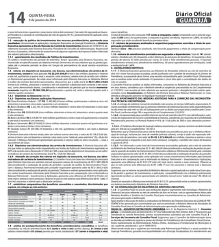 14

Diário Oficial
GUARUJÁ

quinta-feira

9 de janeiro de 2014

e nove mil seiscentos e quarenta e nove reais e vinte e dois centavos). Esse valor foi repassado ao Guarujá Previdência e somado às contribuições do mês de agosto/2013 e, posteriormente foi aplicado como
investimento.
1.5 - execução da política de investimentos dos recursos previdenciários, apontando seus
resultados: Demonstrada as aplicações e evoluções financeiras do Guarujá Previdência, a Diretoria
Executiva apresentou a Ata de Reunião da Comitê de Investimentos datada de 10/09/2013, devidamente assinada pela Diretoria Executiva, Presidente do Conselho de Administração, Responsável
técnico e Contadora, informando do acatamento de algumas sugestões da Empresa Crédito e Mercado
dos valores aplicados e direcionados.
1.5.1 - apontamento dos resultados da Política de Investimentos:
Os saldos e rendimentos do período de setembro foram apurados pela Diretoria Executiva, demonstrado em planilha anexo ao relatório mensal. Demonstra em seu relatório que as perdas apuradas até o presente período se deve em função da permanência do atual cenário econômico
financeiro.
1.6 - valores em depósito na tesouraria, nos bancos, nas administradoras de carteira de investimentos, somam o Total aplicado: R$ 32.297.504,67(trinta e dos milhões, duzentos e noventa
e sete mil, quinhentos e quatro reais e sessenta e sete centavos), valores estes de acordo com o Balanço Patrimonial apresentado. No saldo atual informado pela Diretoria Executiva no Relatório Mensal
e análise dos extratos bancários apresentados, observamos que o saldo real é de R$ 31.893.319,83
(trinta e um milhões, oitocentos e noventa e três mil, trezentos e dezenove reais e oitenta e três centavos), como demonstrado abaixo, considerando o rendimento do período que se mostra momentaneamente negativo em R$ 404.184,84 (quatrocentos e quatro mil, cento e oitenta e quatro reais e
oitenta e quatro centavos).
1.6.1 - Depósitos na tesouraria: não há;
1.6.2 - Depósitos nos Bancos (aplicações financeiras):
A) Caixa Econômica Federal – CEF: R$ 11.485.865,41(onze milhões, quatrocentos e oitenta e cinco mil,
oitocentos e sessenta e cinco reais e quarenta e um centavos);
B) Banco Bradesco: R$ 5.322.705,10 (cinco milhões trezentos e vinte e dois mil setecentos e cinco reais
e dez centavos);
C) Banco Itaú: R$ 5.830.824,08 (cinco milhões, oitocentos e trinta mil, oitocentos e vinte a quatro reais
e oito centavos);
D) Banco do Brasil: R$ 3.529.467,91 (três milhões quinhentos e vinte e nove mil quatrocentos e sessenta
e sete reais e noventa e um centavos);
E) Banco Santander: R$ 5.274.585,35 (cinco milhões duzentos e setenta e quatro mil quinhentos e oitenta e cinco reais e trinta e cinco centavos);
F) Geração Futuro: R$ 303.586,19 (trezentos e três mil, quinhentos e oitenta e seis reais e dezenove
centavos).
A Diretoria Executiva informa ainda, além dos valores acimas descritos, o valor de R$ 138.272,00 (duzentos e trinta e oito mil duzentos e setenta e dois reais) como “saldo de caixa setembro” (fls., 08 do Rel.
mensal). O Balanço Patrimonial apresentado apresenta o mesmo saldo no ativo circulante – Caixa e
equivalentes de Caixa.
1.6.3 - Depósitos nas administradoras de carteira de investimentos: A Diretoria Executiva afirma que todas as aplicações estão enquadradas nos limites da Política de Investimentos registrada no
MPS e de acordo com a Resolução nº 3922 do CMN, e que não há depósitos em tesouraria ou em administradoras de carteira de investimentos (conf. fls., 10 do Rel. Mensal).
1.6.4 - Atestado de correção dos valores em depósito na tesouraria, nos bancos, nas administradoras de carteira de investimentos: O Conselho Fiscal com base nas informações prestadas
pela Diretoria Executiva em relatório mensal apresenta valores de investimentos de R$ 31.885.306,04
(desconsiderando a realização de perdas do período) e quando da análise do Demonstrativo Financeiro e Balanço Patrimonial emitido pelo contador responsável apresenta valor de R$ 31.893.319,83
(desconsiderando a realização de perdas do período). Todavia os valores apresentados como aplicados
em contas investimentos informados pela Diretoria Executiva e em comparação com o informado no
Balanço Patrimonial – Investimentos e Aplicações, apresenta uma diferença de R$ 8.013,79 (oito mil,
treze reais e setenta e nove centavos). Observa-se que no mês anterior esta diferença era de R$ 1.680,17
(um mil, seiscentos e oitenta reais e dezessete centavos).
1.7 - estatísticas comparativas dos benefícios concedidos e cancelados, discriminados por
espécie, em relação ao mês anterior:
Quant.
00
00

Valor
00
00

Quant.
00
00

Valor
00
00

Evolução
(valores)
(%)
00
00

00

00

00

00

00

00

00
00
108
00
25
04
00
137

00
00
257.620,88
00
56.782,55
6.009,27
00
320.412,70

00
00
121
00
31
05
00
157

00
00
288.549,11
00
59.886,43
11.457,75
00
359.893,29

00
00
12,03
00
24
90,66
00
12,32

00
00
80,17
00
16,64
3,18
00
100,00

agosto/13

Benefício
Aposentadoria por invalidez
Aposentadoria compulsória
Aposentadoria voluntária por idade e
tempo de contribuição
Aposentadoria voluntária por idade
Aposentadoria especial
Auxílio - doença
Salário - família
Salário maternidade
Pensão por morte
Auxílio - reclusão
TOTAL

setembro/13

Participação
(%)
00
00

1.8 - análise do acompanhamento dos benefícios previdenciários concedidos: os benefícios
concedidos no mês de setembro foram 121 (cento e vinte e um) auxílios doença, 31 (trinta e um)
salários maternidade e 05 (cinco) pensões por morte, totalizando 157 (cento e cinquenta e sete)

novos benefícios.
O total de benefícios em concessão 157 (cento e cinquenta e sete) comparado com o total de segurados 5.454 (cinco mil quatrocentos e cinquenta e quatro) servidores, importa em 2,88%, do total de
segurados que estão recebendo benefícios previdenciários.
1.9 - número de processos analisados e respectivos pagamentos ocorridos a título de compensação previdenciária:
Nenhum (Zero - 00) processo analisado, não havendo pagamentos a título de compensação previdenciária;
1.10 - número de atendimentos prestados aos segurados e dependentes: Total de 141 atendimentos. Divididos em: 58 (cinquenta e oito) aberturas de processos de benefícios, 42 (quarenta e dois)
pericias de retorno, 03 (três) pensões por morte, 23 (vinte e Três) atendimentos pessoais, 15 (quinze)
atendimentos virtuais e/ou atendimentos telefônicos, 00 (zero) agendamentos por simulações, onde
a evolução foi de 3,68%.
II - DO RELATÓRIO SINTÉTICO:
1.11 - A Diretoria Executiva apresentou seu Relatório de Atividades referente ao mês de setembro de
dois mil e treze fora do prazo acordado, sendo justificado com o pedido de exoneração do Diretor de
Previdência, ocasionando desta forma uma reunião extraordinária pelo Conselho Fiscal. Observando
que as analises estão sendo realizadas 45 (quarenta e cinco) dias após a consolidação dos dados do
mês em analise.
O Conselho Fiscal ao analisar os dados informados, constantes no Relatório da Diretoria Executiva e
em seus Anexos, considerou que o Relatório atende as exigências preconizadas na Lei Complementar
nº 135/2012, com ressalva do item referente aos repasses patronal, e divergência entre valores apresentados como Investimentos no Relatório da Diretoria Executiva e Balanço Patrimonial, no mais,
atende as obrigações previstas na legislação municipal e federal.
III - DO APONTAMENTO DAS MEDIDAS ADOTADAS PARA A CORREÇÃO DAS INCONSISTÊNCIAS TÉCNICAS ENCONTRADAS:
1.12 –A entrega do relatório mensal de atividades não ocorreu em tempo hábil pelos responsáveis, ficando acordado verbalmente que os próximos relatórios da Diretoria Executiva serão disponibilizados
no dia trinta de cada mês ou dia útil subsequente com os dados que propiciarão a análise pelo Conselho Fiscal, conforme artigo 785 e seguintes da Lei Complementar 135/2012.
1.12.2 - Foi apresentada peça contábil referente ao mês de setembro de 2013 com identificação e subscrição do responsável técnico em contabilidade e Diretoria, atendendo aos requisitos de Contabilidade
Previdenciária previstos na Portaria Federal nº 916, de 15 de julho de 2003 e suas alterações posteriores.
  1.12.5 - A Prefeitura Municipal de Guarujá realizou novamente um repasse contrário ao determinado
pelo art. 830 da Lei Complementar 135/2012.
Reiteramos que a Diretoria Executiva solicite brevidade nas providências para que a Prefeitura Municipal de Guarujá, inclusive por meio de medidas judiciais cabíveis, corrija o saldo não repassado referente ao mês de setembro, com valor de R$ R$ 1.375.456,03 (um milhão, trezentos e setenta e cinco
mil, quatrocentos e cinquenta e seis reais e três centavos), corrigidos, e também dos meses de fevereiro
a agosto de 2013.
1.12.7 - Foi informado o valor total dos investimentos acumulados aplicados até o mês de setembro
no Relatório da Diretoria Executiva R$ 31.885.306,04 (desconsiderando a realização de perdas do período) e quando da análise do Demonstrativo Financeiro e Balanço Patrimonial emitido pelo contador
responsável apresenta valor de R$ 31.893.319,83 (desconsiderando a realização de perdas do período).
Todavia os valores apresentados como aplicados em contas investimentos informados pela Diretoria
Executiva e em comparação com o informado no Balanço Patrimonial – Investimentos e Aplicações,
apresenta uma diferença de R$ 8.013,79 (oito mil, treze reais e setenta e nove centavos). Observa-se
que no mês anterior esta diferença era de R$ 1.680,17 (um mil, seiscentos e oitenta reais e dezessete
centavos).
Sugerimos que se informe na planilha de Relatório Mensal o capital aplicado e o saldo atual (com ajuste de perdas e ganhos) de investimentos e aplicações, compatibilizando com o balanço patrimonial.
Apontando também os valores apresentados em relatório mensal como “saldo de caixa” (fls. 08 do rel.
mensal).
Deverá ser apurado a diferença encontrada de R$ 8.013,79, apresentada entre os valores apresentados
em balanço patrimonial e Relatório da Diretoria Executiva.
IV - DA HOMOLOGAÇÃO DO RELATÓRIO DA DIRETORIA EXECUTIVA:
1.13 - O Conselho Fiscal no uso de suas atribuições legais e regimentais não homologa o Relatório da
Diretoria Executiva referente ao mês de setembro de dois mil e treze, com os apontamentos feitos pelo
Relatório Analítico e Sintético do Conselho Fiscal para encaminhamento ao Conselho de Administração para apreciação e deliberação.
Após análise e discussão de todos os indicadores do Relatório da Diretoria Executiva do GUARUJÁ PREVIDÊNCIA foi aprovado por unanimidade que será encaminhado o Relatório Mensal de Atividades do
Conselho Fiscal para o Conselho de Administração para apreciação e deliberação.
SEÇÃO III - ASSUNTOS EXTRA PAUTA ORDINÁRIA (art. 21 do Regimento Interno): 1 - Assuntos
gerais: - Convidado para esclarecimento o Srº José Sebastião dos Reis (Diretor Adm. E Financeiro) que
atendendo ao convite formulado, prestou esclarecimentos solicitados por este Conselho Fiscal. 2 –
Serviços da Secretaria do Conselho Fiscal: Sugerimos que o Conselho de Administração tome
as devidas providências quanto a posse do Diretor de Previdência e do Conselheiro Fiscal (Conselheiro representante da Administração Pública Direta, Autárquica e Fundacional do Município) e
seu suplente, atendendo a Lei nº 3949/2012.
Observando ainda que o suplente ora nomeado pela Administração Pública é o atual contador do
Guarujá Previdência, gerando incompatibilidade com a função fiscalizadora. Em atendimento aos

 