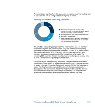 The chart below depicts where the responding companies record a resulting gain
or loss upon the sale of a long-lived asset or group of assets.

Recording gain/loss from sale of long-lived assets

          6%

                     28%

                                       If material, as a separate line item within
                                       operating income. If not material, netted against
                                       individual operating expense line item
 44%                                   As a separate line item within operating income
                                       Included in other income
                   22%
                                       Mass asset accounting and gains and losses or
                                       normal retirements and disposals are recorded
                                       into accumulated depreciation



We asked the responding companies if they had recorded any non-monetary
license exchanges in the past two years. Only 29% had any non-monetary
license exchanges that were recorded under FAS 153/IAS 38 or the equivalent.
Sixty-seven percent (67%) of those responding companies that had non-
monetary license exchanges recorded the transactions at fair value. The
remaining 33% recorded the non-monetary license exchanges at carrying value
or used a combination, depending on the situation.

The survey asked the responding companies if they have either recorded an
impairment of fixed assets or accelerated depreciation on a category or group
of assets in the last 12 months. Seventy-six percent (76%) of the respondents
stated that they have either recorded impairment charges or accelerated
depreciation. The respondents stated that the primary drivers of the decision
included obsolescence due to technological updates (77%), disposition or
acquisition, or abandoned development for certain planned cell sites.




PricewaterhouseCoopers 2008 Global Wireless Industry Survey                          | 107
 